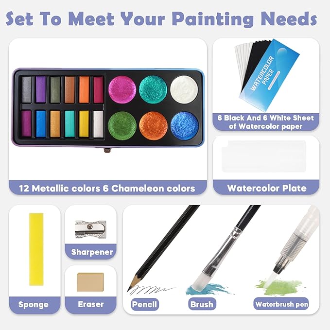 Watercolor Paint Set, 18 Colors Glitter Watercolor Paint Kit (12 Metallic & 6 Chameleon), Portable Travel Set with Water Brush Pen, Pencil, Eraser, Paper - Ideal for Drawing and Art Supplies, Adults, Beginners