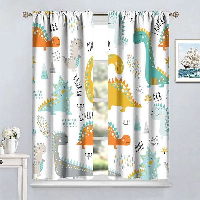 Dinosaur Curtains for Kids Boys Girls Home Decor Childish Cute Dino Animals Print Pattern Rod Pocket Blackout Window Drapes for Nursery Baby Bedroom Playroom W31.5xL72in 2 Panels