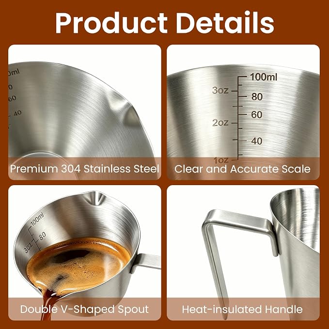 4 Pc Stainless Steel Espresso Shot Cups, 3.4oz/100ml, V-Shaped Mouth - Image 4