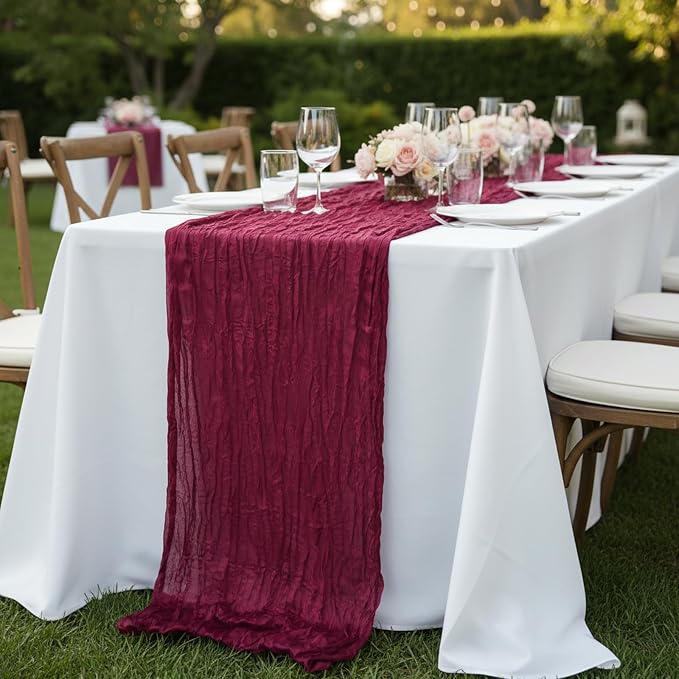 8 Pack Burgundy Red Cheesecloth Table Runner 120 Inch Boho Wedding Decor | - Image 7