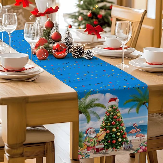 Coastal Christmas Table Runner 108 Inches Long, Xmas Tree Santa Beach Table - Image 9