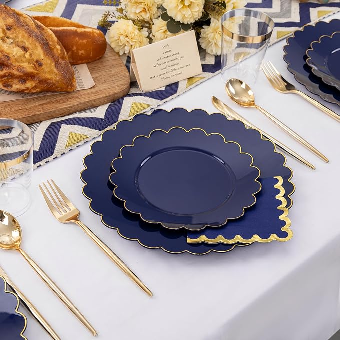 LIYH 210pcs Navy Blue & Gold Scalloped Plastic Plates, Premium Dinnerware | - Image 7