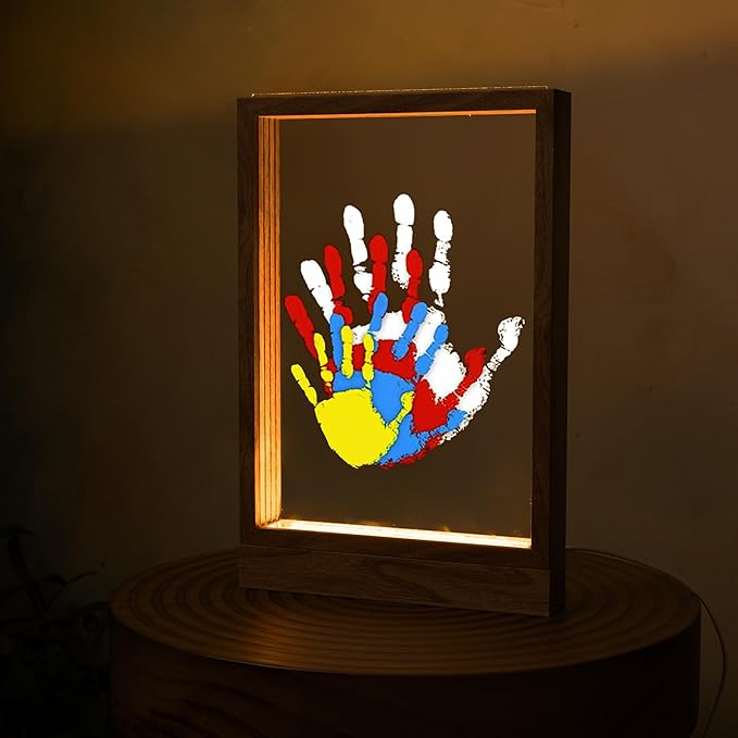 CHERRY CHEERS Family Handprint Kit with Light, Handprint Keepsake Frame, Wooden Led Light, Easy Install, No Need Screw etc, Non-Toxic Paints (Brown)