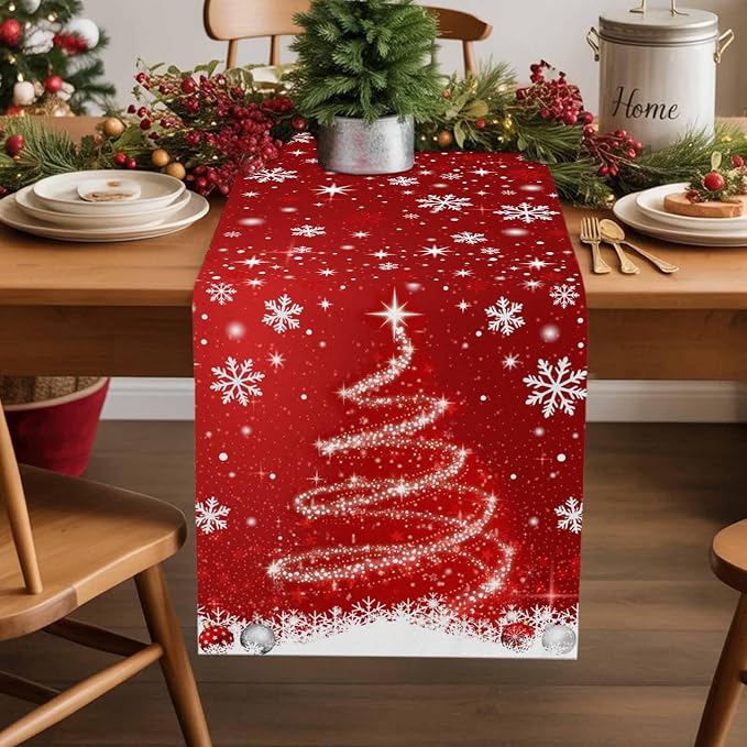 Red Christmas Table Runner 90 Inches Long, Xmas Tree Balls Snowflake Table - Image 2