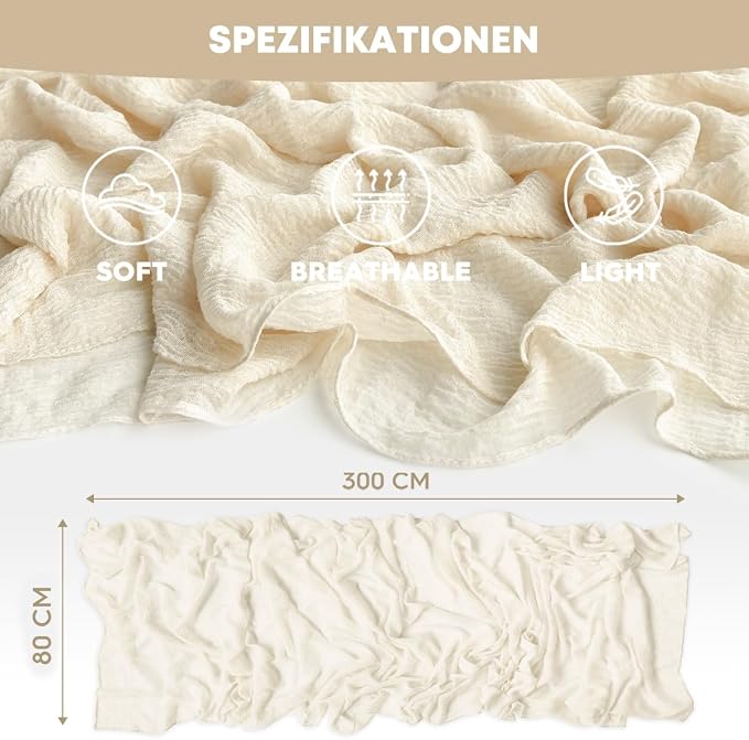 Artoid Mode Boho Cheesecloth Gauze Beige Wedding Table Runner, 120 Inch - Image 5