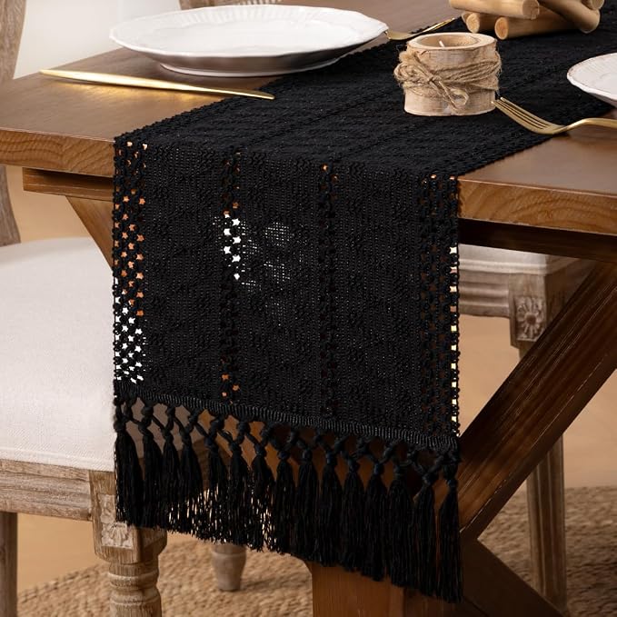 DeZerlor Black Boho Macrame Farmhouse Woven Table Runner 108Inch | Cotton Linen - Image 6
