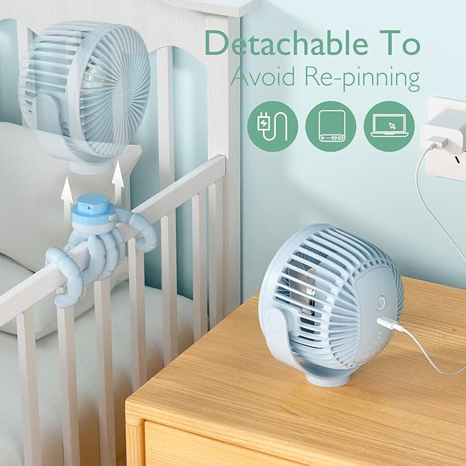 Momcozy Portable Stroller Fan, 8000mAh, 27H Ultra-long Battery Life, Detachable 4 Speed 360°Rotate, LED Night Light with 2 Modes, USB Rechargeable Handheld Cooling Fan for Travel, Car Seat, Bedroom