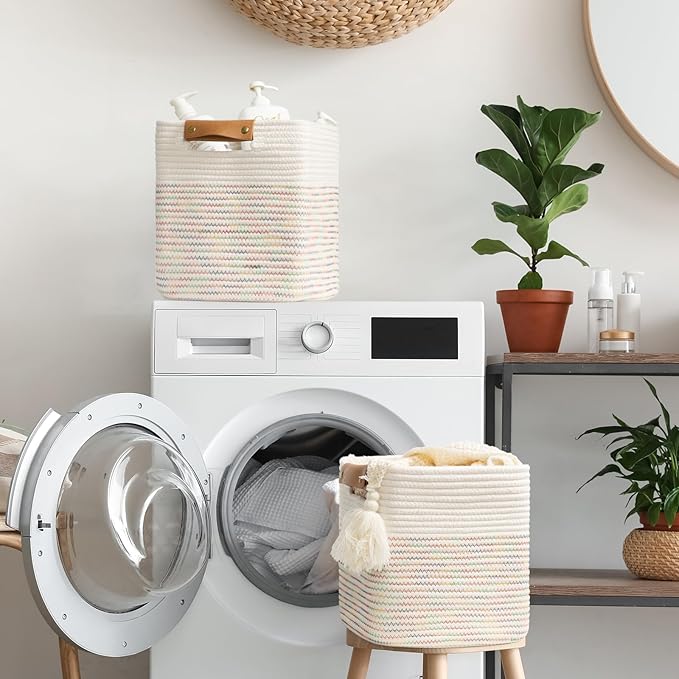 danpinera 11"x11" Storage Cubes, Soft Boho Storage Basket with Neat Stitching, 3-Pack Cube Storage Organizer, Woven Baskets for Storage in Living Room, Kids Room, Bedroom, Rainbow