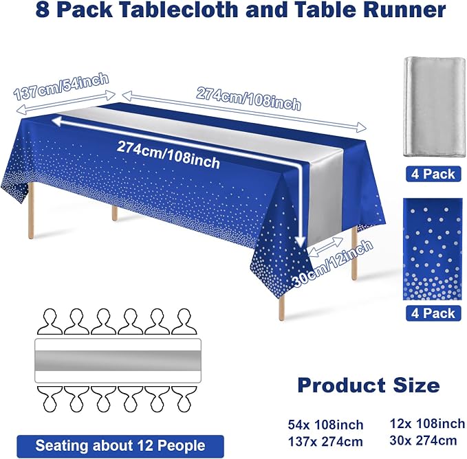 8Pack Disposable Plastic Tablecloths and Satin Table Runner Set Blue and Silver - Image 2