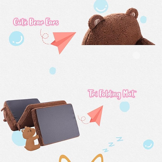 Foldable Kids Sofa, Sherpa Teddy Bear Toddler Couch with Tri Folding Foam Cushions, Comfy Couch for Kids Age 18 Months and Up