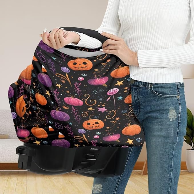 Binienty Infant Carseat Canopy, Cute Halloween Pumpkin Nursing Cover Soft Breathable Baby Car Seat Covers, Gifts for Mom Lover Wife