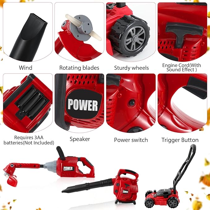 3 Pcs Toy Gardening Tool Set for Kids Toy Leaf Blower Weed Trimmer Push Lawn Mower Pretend Play Set with Lights and Sounds Christmas Birthday Gifts for Boys Girls