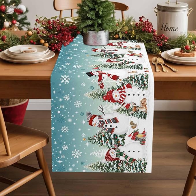 Teal Christmas Snowman Table Runner 90 Inches Long, Xmas Trees Snowflake Table - Image 2