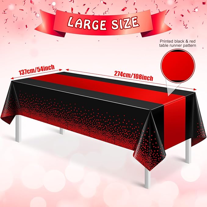 MASHAN 12Pcs Black and Red Tablecloth Party Decorations, Plastic Black Table - Image 2