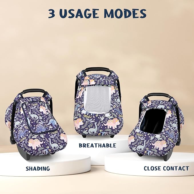 Pea Pod Car Seat Cover Baby, Infant Car Seat Canopy Covers for Newborn with 2 Layers Windows of Breathable Mesh Fabric, Lightweight Polyester/Soft Minky Dot Backing (Dinosaur)