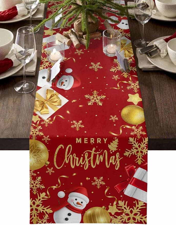 Merry Christmas Table Runner 120 Inches Long, Xmas Balls Snowman Snowflake by Unknown