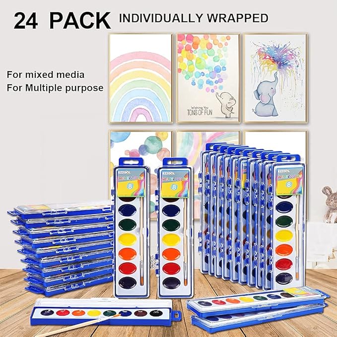 24 Count Watercolor Paints, 8 Colors, Washable, Non-Toxic, Perfect for Kids 3+