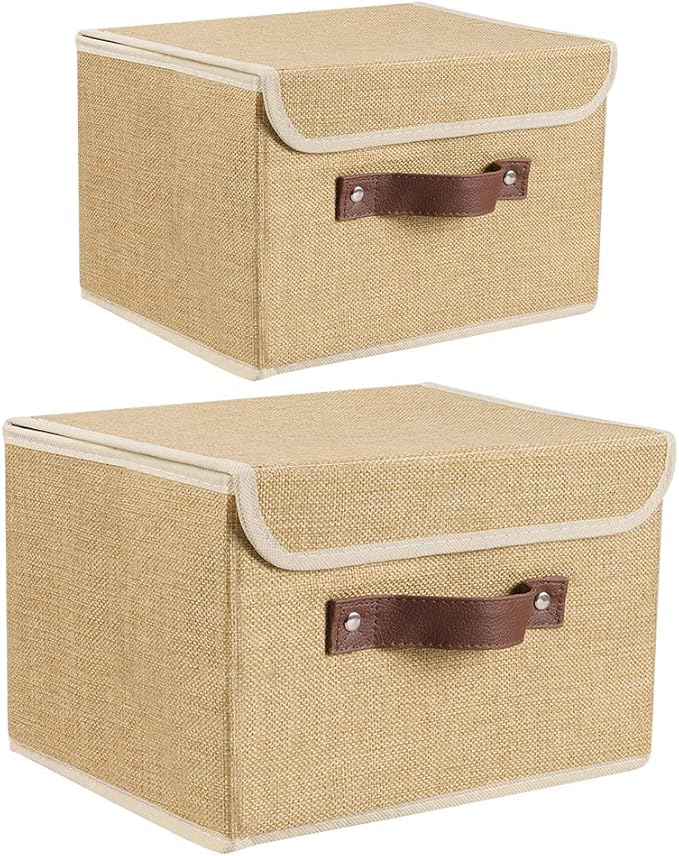 Lucky Monet Storage Bins Boxes with Lids 2 Pack Decorative Storage Boxes Collapsible Fabric Storage Basket Containers Lidded Storage Cube for Organizing Closet Home Office, 10"x 8"x 7" (Khaki)