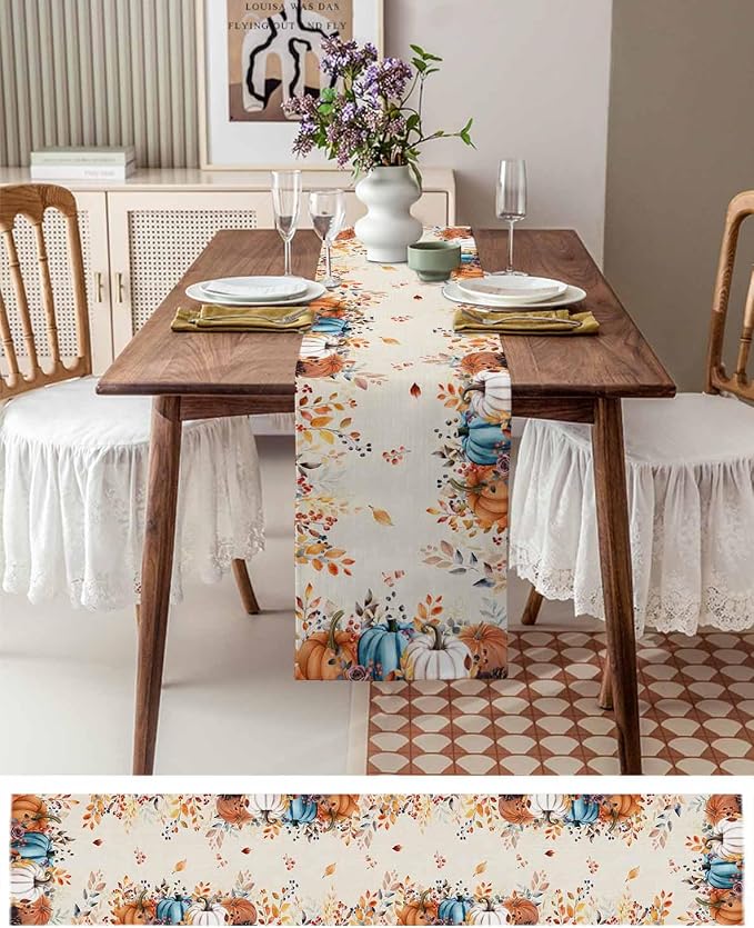 Orange Blue Pumpkin Fall Table Runner 72 Inches Long, Thanksgiving Eucalyptus - Image 4