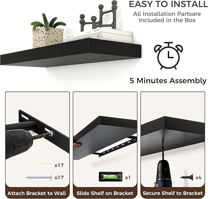 Floating Shelves for Wall, Large Wall Mounted Shelves with Invisible Brackets, Long Wood Floating Shelf for Living Room, Bedroom, Kitchen, (Black, 72" W x 9" D x 1.5" H)