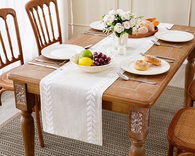 Linen Embroidered Table Runner, Farmhouse Irregular Willow Leaf Table Runner - Image 3