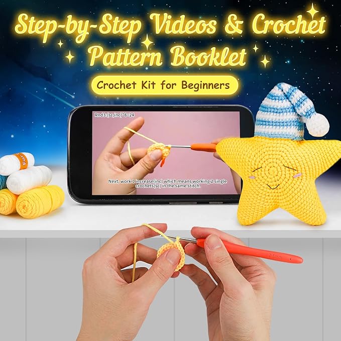 ekaus Crochet Kit for Beginners, Crochet Kit with Step-by-Step Video Tutorials, Crochet DIY Knitting Supplies for Adults Kids, Crochet Star(45%+ Yarn)