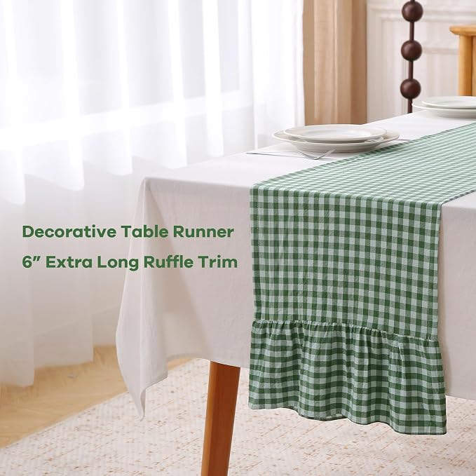Christmas Green White Plaid Gingham Ruffle Table Runner 90 inches Long 100% - Image 3