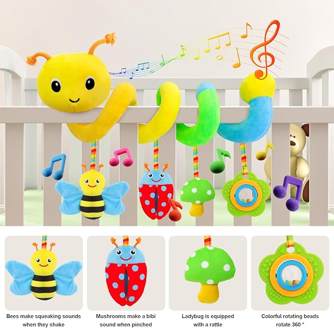 FPVERA Car Seat Toys for Babies 0-6 Months Upgraded Version Spiral Car Seat & Stroller Activity Toy, Soft Plush Hanging Toys with Rattles, Best Gift for Ages 0 and Up