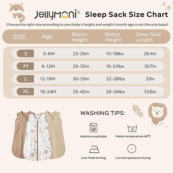 JELLYMONI Baby Sleep Sack 18-24 Months 0.5 Tog Wearable Blanket for Baby, 100% Cotton 3 Pack Infant Toddler Sleeping Sack Lightweight Soft 2-Way Zipper Sleepsack