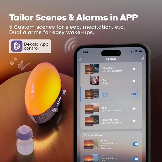 Dekala Smart Sunrise Alarm Clock with Wireless Charging for iPhone 14 13 12 Apple Watch AirPods Samsung, White Noise Sleep Sounds Machine, Nursery Night Light for Heavy Sleeper