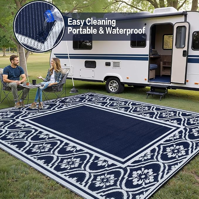 HUGEAR Patio Rug 10'x14' Waterproof Outside Area Rugs Reversible Blue Outdoor - Image 4