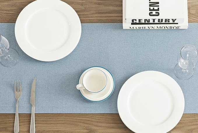 Basic Linen Style Table Runner, 14x48 Inch Chambray Blue | Mitered Corner Design - Image 3