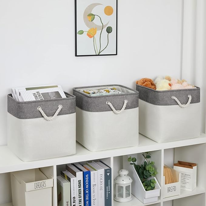 Bidtakay Fabric White Baskets for Shelves Set of 3 Cube Storage Large Organizer Bins 13x13 Closet Storage Bins for Home Office Nursery Collapsible Storage Bins for Organization