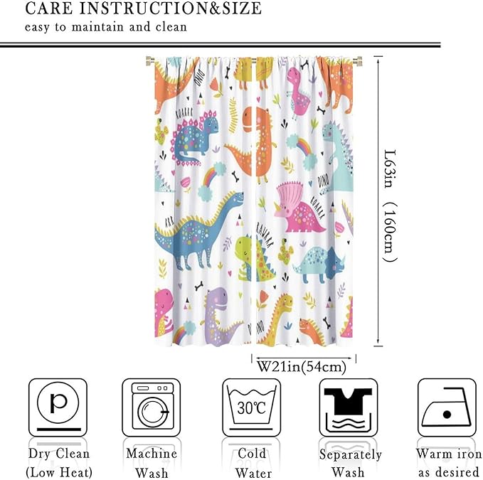 Cartoon Dinosaur Curtains for Kids Boys Girls Home Decor Childish Cute Dino Animals Print Pattern Rod Pocket Blackout Window Drapes for Nursery Baby Bedroom Playroom W21xL63in 2 Panels