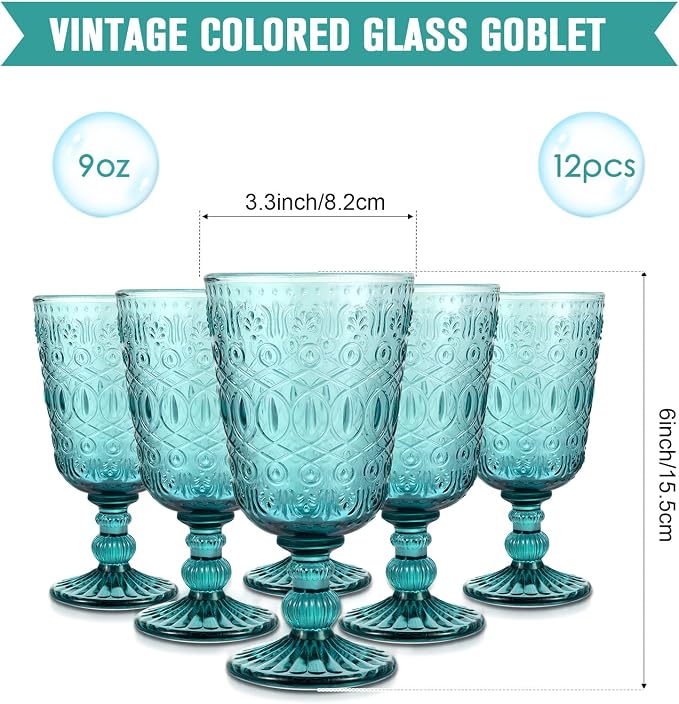 Eaasty Wine Glasses Set of 12 Vintage Goblet 9 oz Vintage Colored Glass Goblet - Image 2