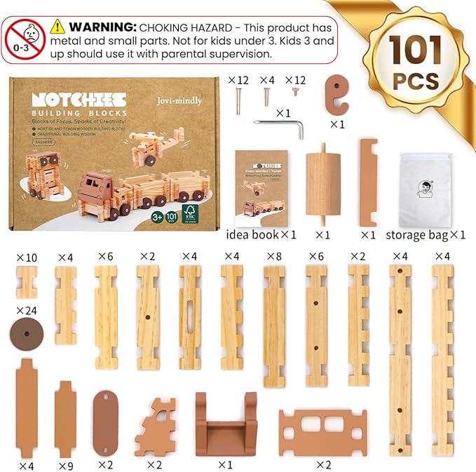 Jovi-mindly＆Notchies Wooden Blocks Train Set 101 PCS Create 40+ Shapes,Toys Educational Wooden Building Blocks Puzzles for Kids Ages 5-8 Boys and Girls,Truck/Excavator,FSC Certified,Graduate Gifts