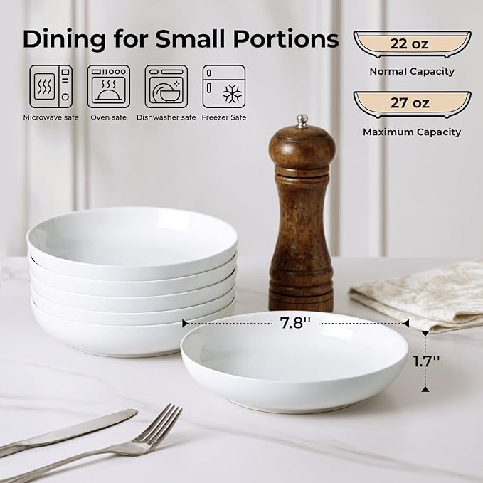 Y YHY 7.8'' Pasta Bowls for Small Portions, 22 Ounce Salad White Bowl Plates - Image 2