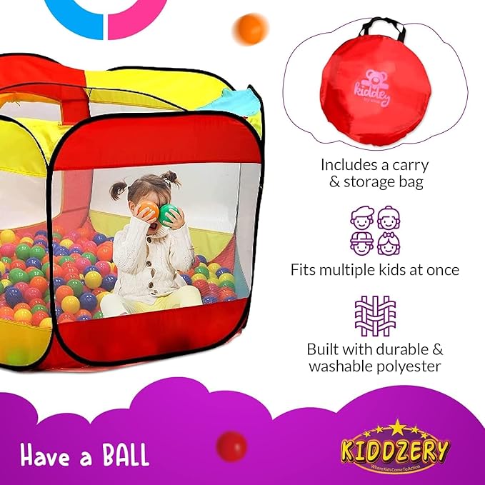 Kids Ball Pit Pop Up Large Tent for Toddlers - Indoor & Outdoor Gift Toys for Infants Girls & Boys, Baby Playpen with Zippered Storage Bag, 100 BallPit Balls Included