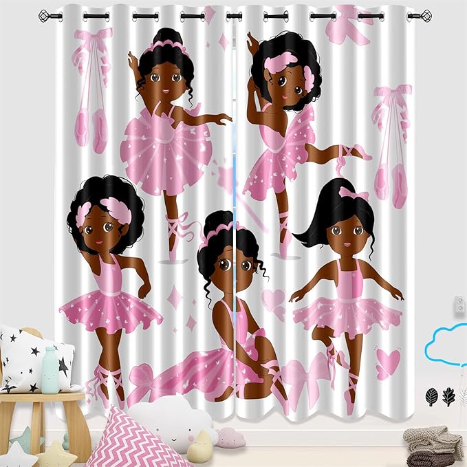 Cute Black Girl Curtain Panels for Girl Room Black Girl Curtains Grommets Top Drapes for Kids Nursery Bedroom Lovely Girls Themed Thermal Insulated Curtains, Black Girl Curtains, 82" x 84"