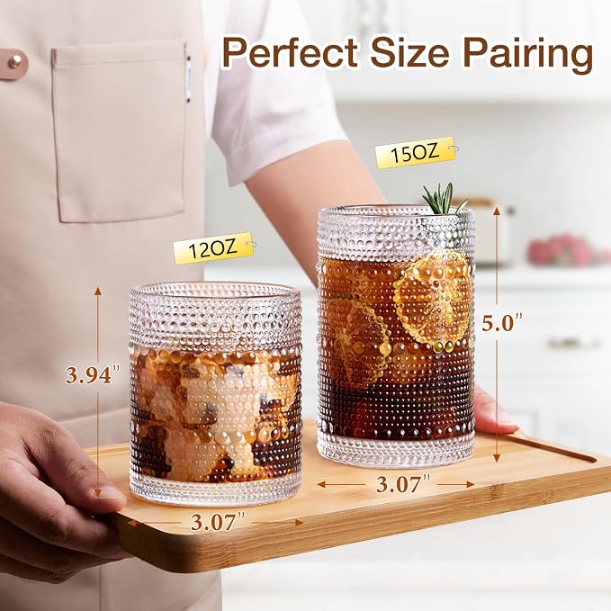 Hobnail Drinking Glass Set of 8, 4 Highball Glasses 15oz, 4 Rocks Glass 12oz | - Image 3