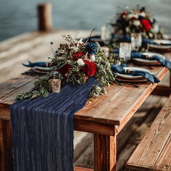 1 Pack Navy Blue Cheesecloth Table Runner 120 Inch Boho Wedding Decor | - Image 7