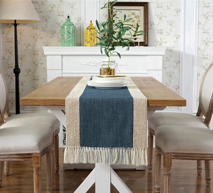 Farmhouse Navy Faux Linen Dining Table Runner 15 x 86.5 Inch Blue | Rustic Boho - Image 2