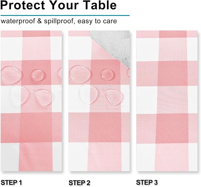 Plaid Tablecloth 2 Pack, 60 x 120 inch, Peach Pink and White | Waterproof - Image 4