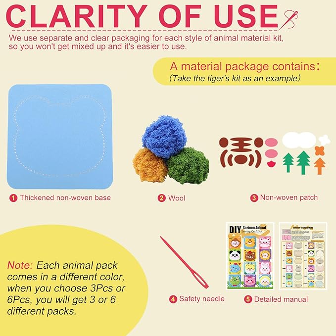 DIY Embroidery Doll Kit, Cartoon Animal Craft Sewing Kit for Kids, Felt Crafts, Beginner Sewing for Kids Ages 4-8 Plus - Helps Develop Fine Motor Skills (3PCS-Frog/Lion/Rabbit)