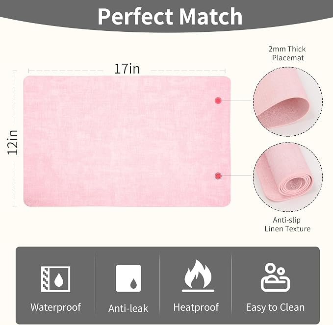 Maxpearl Faux Leather Placemats Set of 6, Light Pink | Waterproof - Image 8