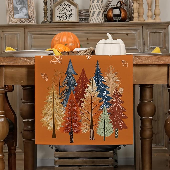 Fall Watercolor Trees & Maple Leaves Table Runner 13x60 Inch, Rustic Farmhouse - Image 4