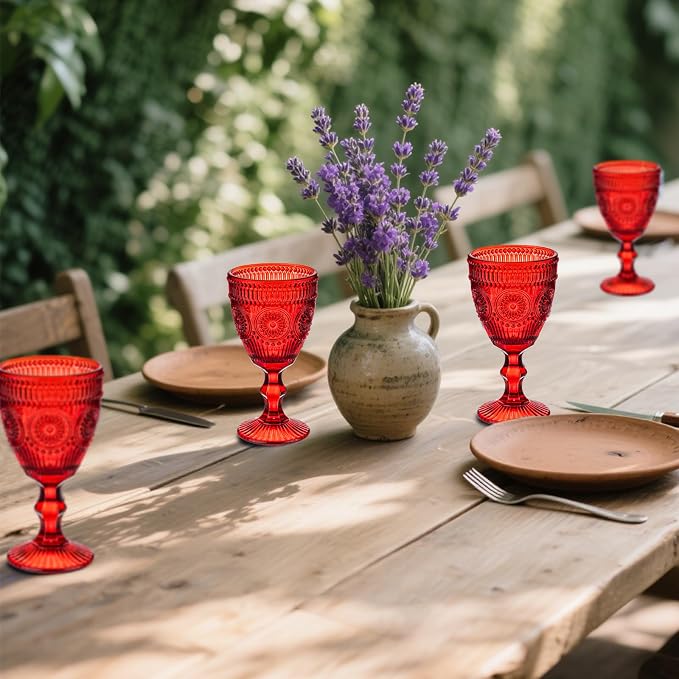 Red Vintage Wine Glasses Set of 6, 10 Ounces Colored Glass Water Goblets - Image 5