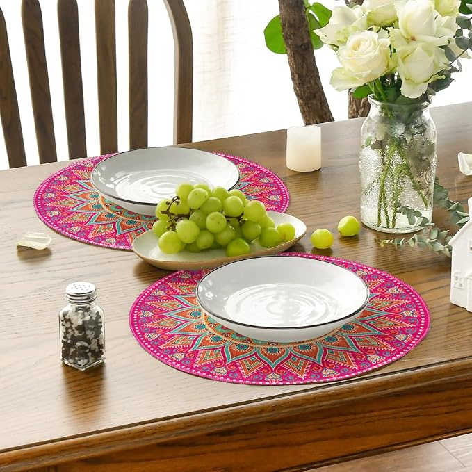 Artoid Mode Pink Yellow Mandala Round Placemats Set of 6, 14 Inch Seasonal - Image 4