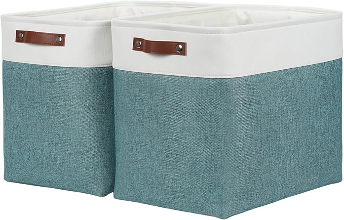 DULLEMELO Extra Large Storage Baskets,Fabric Storage Bins with Handles for Home,Office,Closet,Clothes,Foldable Storage Bins for Closet, White&Dark Green 2-Pack