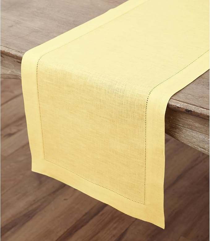 Solino Home 100% Linen Table Runner Yellow, Classic Hemstitch 14 x 120 in | - Image 3